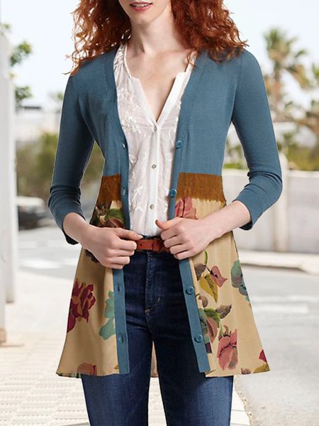 Floral Casual Regular Fit Mid-long Coat, Blue, Sweaters
