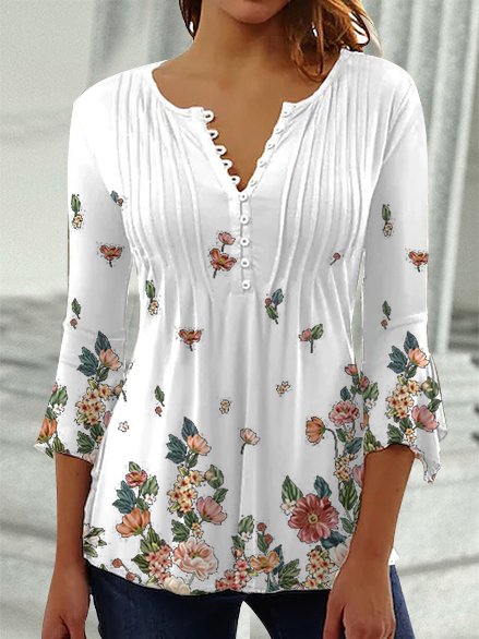 Casual Floral Knit V-Neck Top, White, Tops