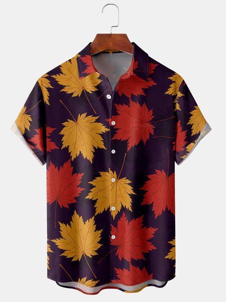 Men's Art Maple Leaf Print Casual Breathable Short Sleeve Shirt, Purple, Short Sleeve Shirts