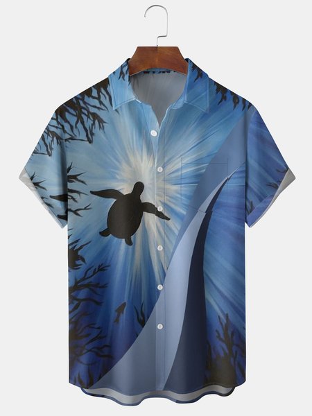Men's Turtle Print Short Sleeve Hawaiian Shirt with Breast Pocket, Blue, Short Sleeve Shirts