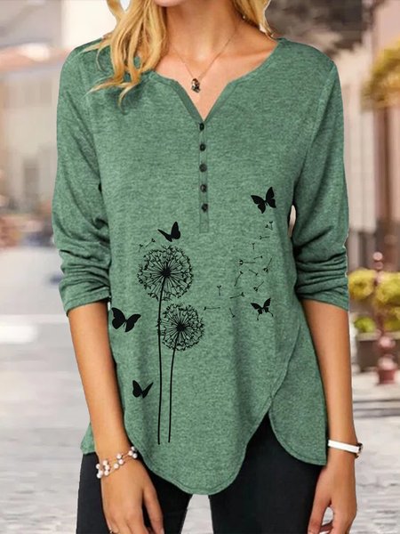

Dandelion and Butterfly Asymmetrical Hem Buttoned V Neck Long Sleeve Tunic, Green, Tunics