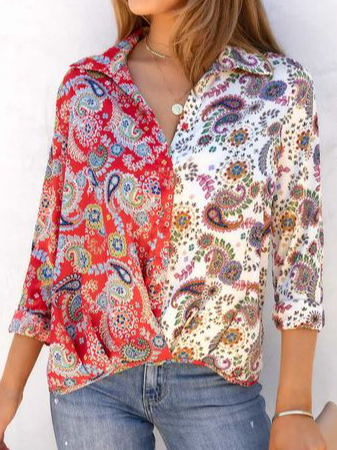 Paisley Shirt Collar Casual Blouse, Multicolor, Blouses & Shirts