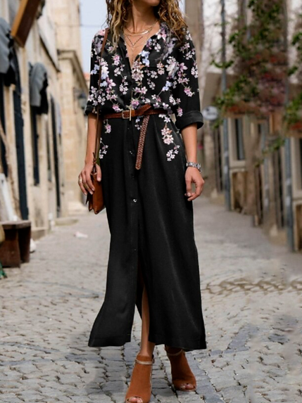 Floral Casual Shawl Collar Regular Fit Dresses, Black, Dresses