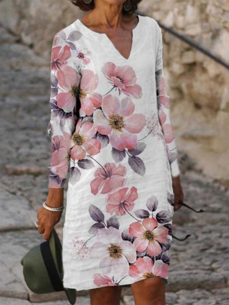 Floral Regular Fit V Neck Dresses, White, Dresses