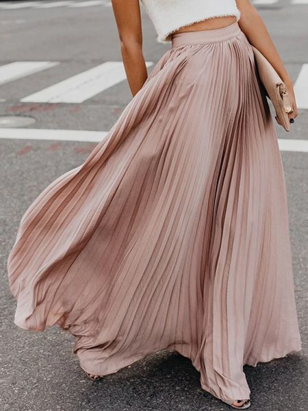 A-Line Daily Plain Urban Long Skirt, Pink, Maxi Skirts