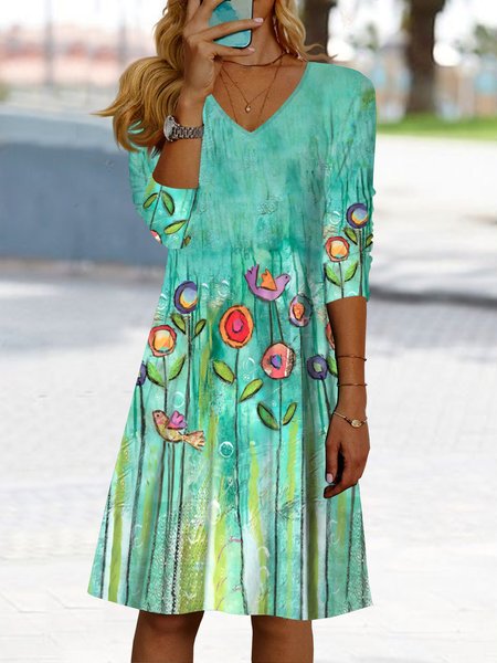 Holiday Abstract hand-painted flower rose bird midi Dress Plus Size, Green, Dresses