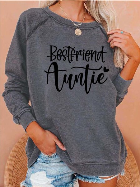 Women Auntie Best Friend Family Letters Casual Cotton Sweatshirts, Gray, Hoodies&Sweatshirts