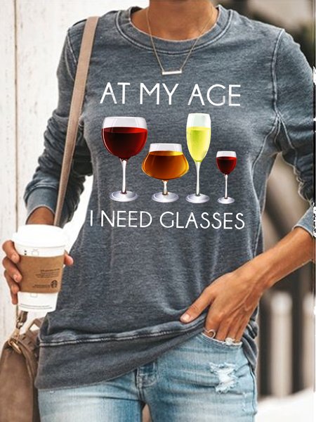

Womens Funny Alcohol At My Age I Need Glasses Casual Crew Neck Sweatshirt, Gray, Hoodies&Sweatshirts