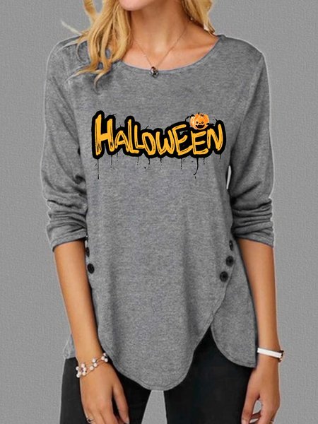 Women Halloween Pumpkin Light Letters Casual Cotton Tops, Gray, Long sleeves