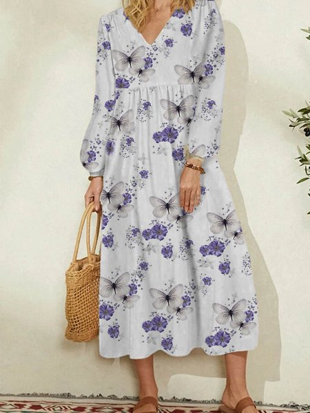 Butterfly Casual V Neck Dresses, Purple, Dresses