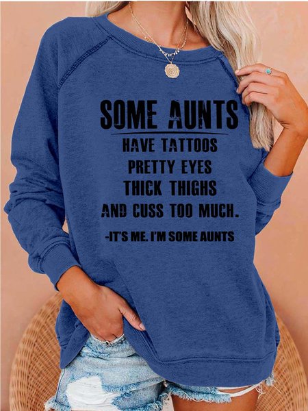 Women Auntie Tattoos Letters Crew Neck Casual Loose Sweatshirt, Blue, Hoodies&Sweatshirts