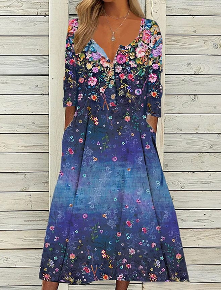 Cotton-Blend Casual V Neck Dresses, Blue, Dresses