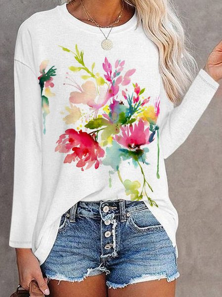 Loose Crew Neck Floral T-Shirt, White, Tops