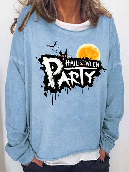 Women Halloween Bats Party Letters Loose Sweatshirts, Light blue, Hoodies&Sweatshirts