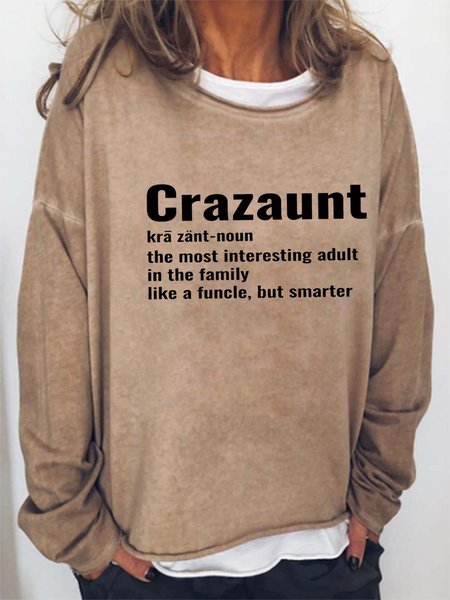 Women Crazy Auntie Letters Crew Neck Loose Casual Sweatshirt, Khaki, Hoodies&Sweatshirts