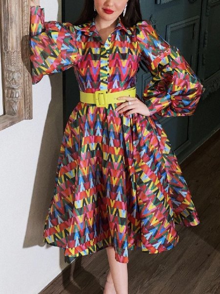 Long sleeve Regular Fit Geometric Shirt Collar Dress, As picture, Mini Dresses