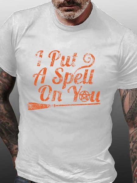 Men Halloween Brooms Letters Casual Cotton T-Shirt, White, T-shirts