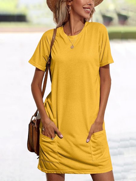 Crew Neck Casual Plain pocket Dresses, Yellow, Dresses