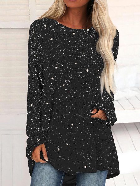 Plain sequins medium length loose Top T-shirt, Black, Tunics