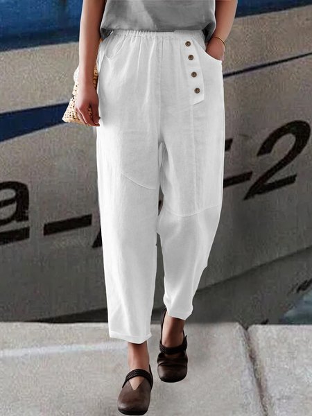 Plain Casual Buttoned Pants, White, Pants