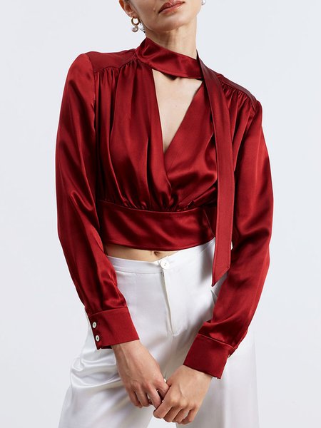 Elegant V Neck Satin Gathered Plain Long Sleeve Top, Red, Blouses and Shirts