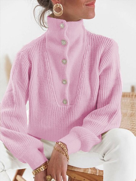 

Daily Causal Plain Buttoned Sweater, Pink, Sweaters