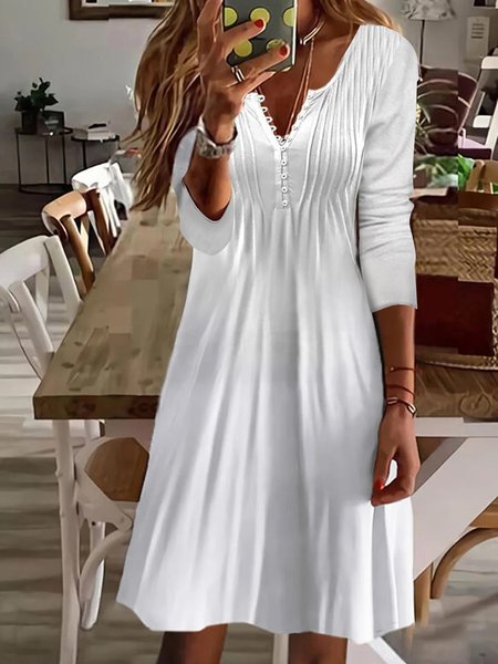 

JFN Crew Neck Casual Plain Buttoned Knitted Long-sleeve Mini Prom Dress, White, Dresses