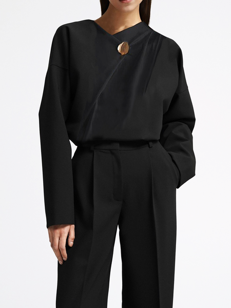 Black V Neck H-Line Long sleeve Plain Commuting Loose Tops, Tops