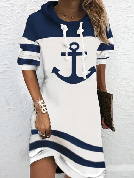 

JFN Boat Anchor Printed Casual Long Sleeve Hooded Nautical Dress, Blue, Dresses
