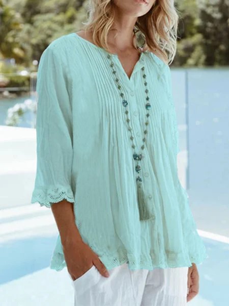 Loose Shirt Collar Plain Blouse, Blue, Blouses & Shirts