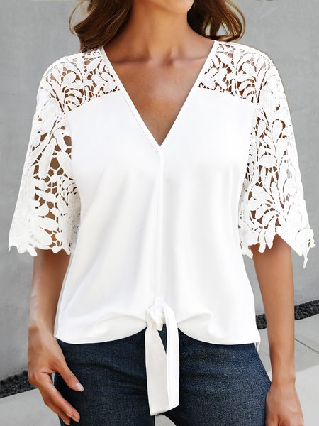 JFN V Neck Lace Casual Plain Knot Front Loose Top, White, Shirts & Blouses