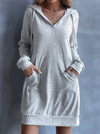 Cotton-Blend Casual Plain Hoodie Dresses, Light gray, Mini Dresses