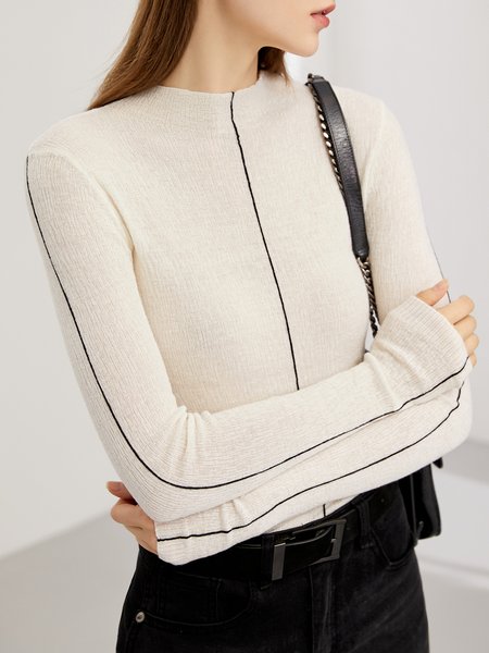 Daily Urban Long Sleeve Crew Neck Color Block Sweater, White, Sweaters