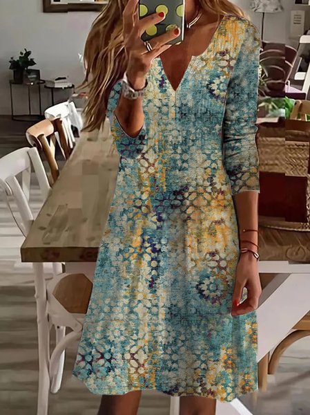 JFN V Neck Ethnic Casual Midi Dresses, Multicolor, Dresses