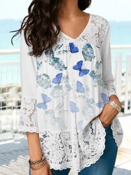 V Neck Loose Butterfly Blouse, Multicolor, Shirts & Blouses