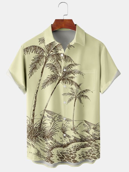 Men's Coconut Tree Print Casual Breathable Hawaiian Short Sleeve Shirt, Yellow, Short Sleeve Shirts