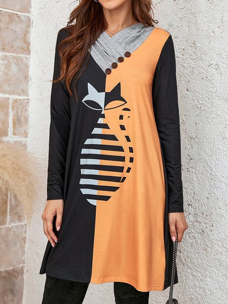 Casual Cross Neck Animal Dresses, Yellow, Dresses