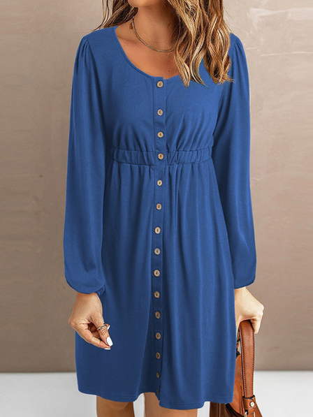 Plain Crew Neck Casual Dresses, Blue, Mini Dresses