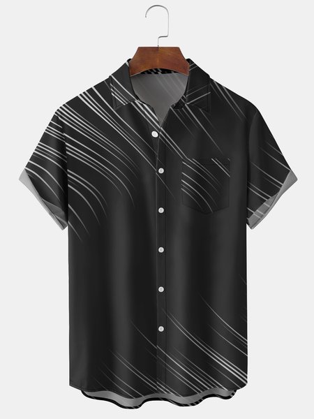 Men's Gradient Line Geometric Print Short Sleeve Shirt, Black, Men's Floral shirt