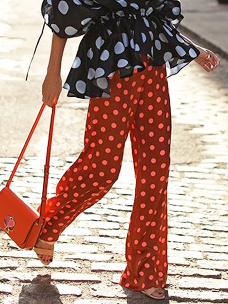 

Urban Fashion Polka Dots Straight Pants, Red, Straight Leg Pants