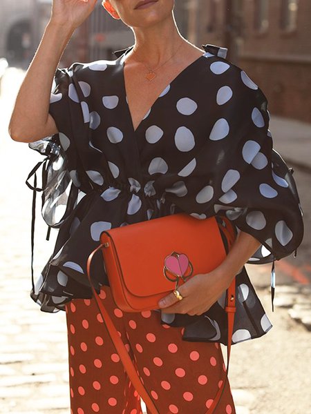 Shirt Collar Urban Drawstring Half Sleeve Polka Dots Top, Black, Blouses and Shirts