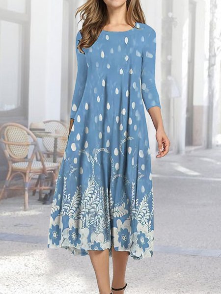 Casual Floral Regular Fit Crew Neck Dresses, Blue, Midi Dresses