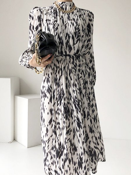 Daily Long sleeve Urban Abstract Stand Collar Dress, White, Midi Dresses 
Daily Long sleeve Urban Abstract Stand Collar Dress, White, Midi Dresses