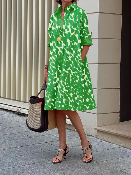 Loose Shirt Collar Long sleeve Urban A-Line Shirt Collar Dress, Green, Midi Dresses