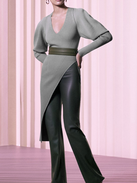 High Elasticity V neck Long sleeve Elegant Plain V Neck Daily Sweater, Green, Sweaters