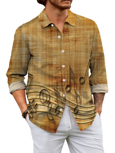 Cotton Linen Music Print Casual Long Sleeve Shirt, Coffee, Long Sleeve Shirts