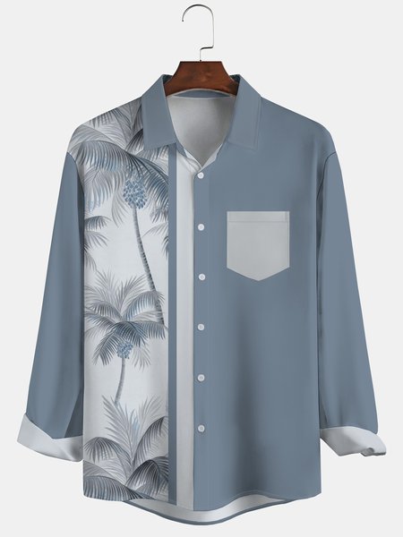 Men's Printed Long Sleeve Hawaiian Shirt with Chest Pocket, Blue, Long Sleeve Shirts