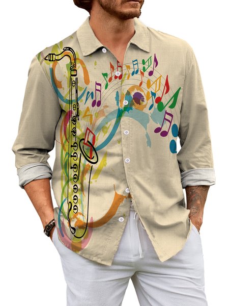 Cotton Linen Music Print Casual Long Sleeve Shirt, As picture, Long Sleeve Shirts