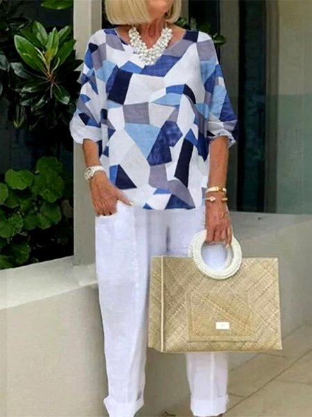 Casual Color Block Loose Two Piece Sets, Blue, Suit Set