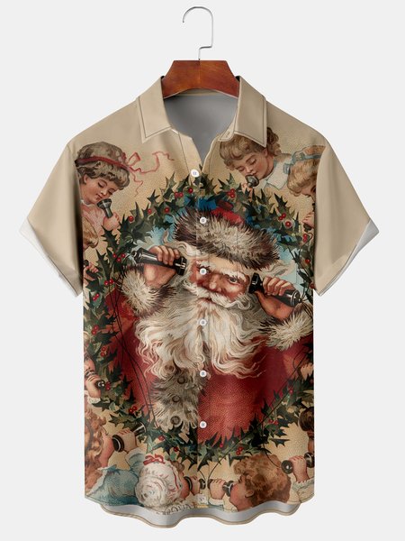 Men's Christmas Elements Santa Graphic Print Short Sleeve Shirt, Khaki, Short Sleeve Shirts
